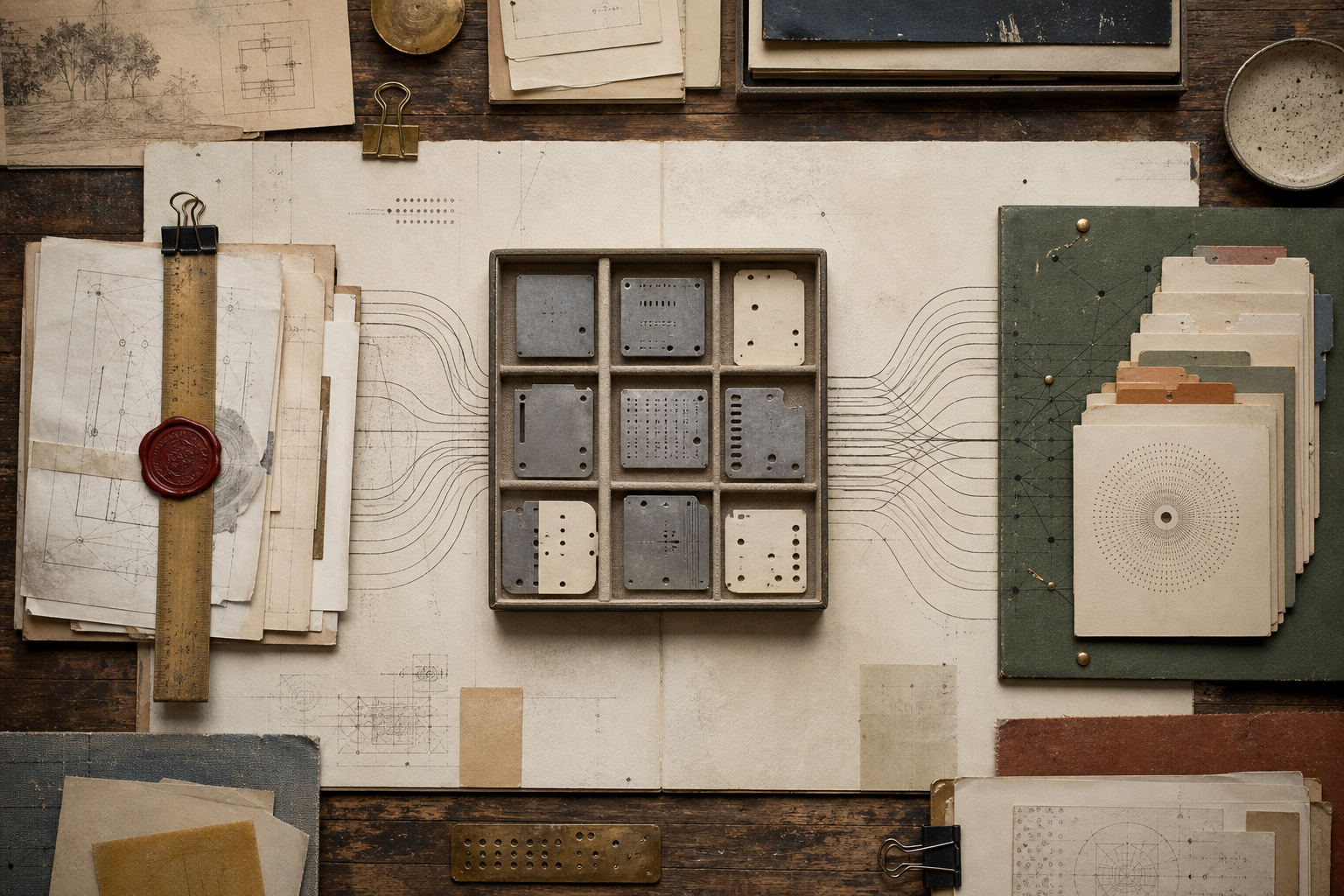 A research table with portable model artifacts routed toward policy review and compute infrastructure.
