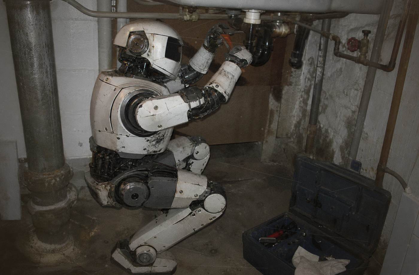 Distressed evidence photo of a robot repairing plumbing.