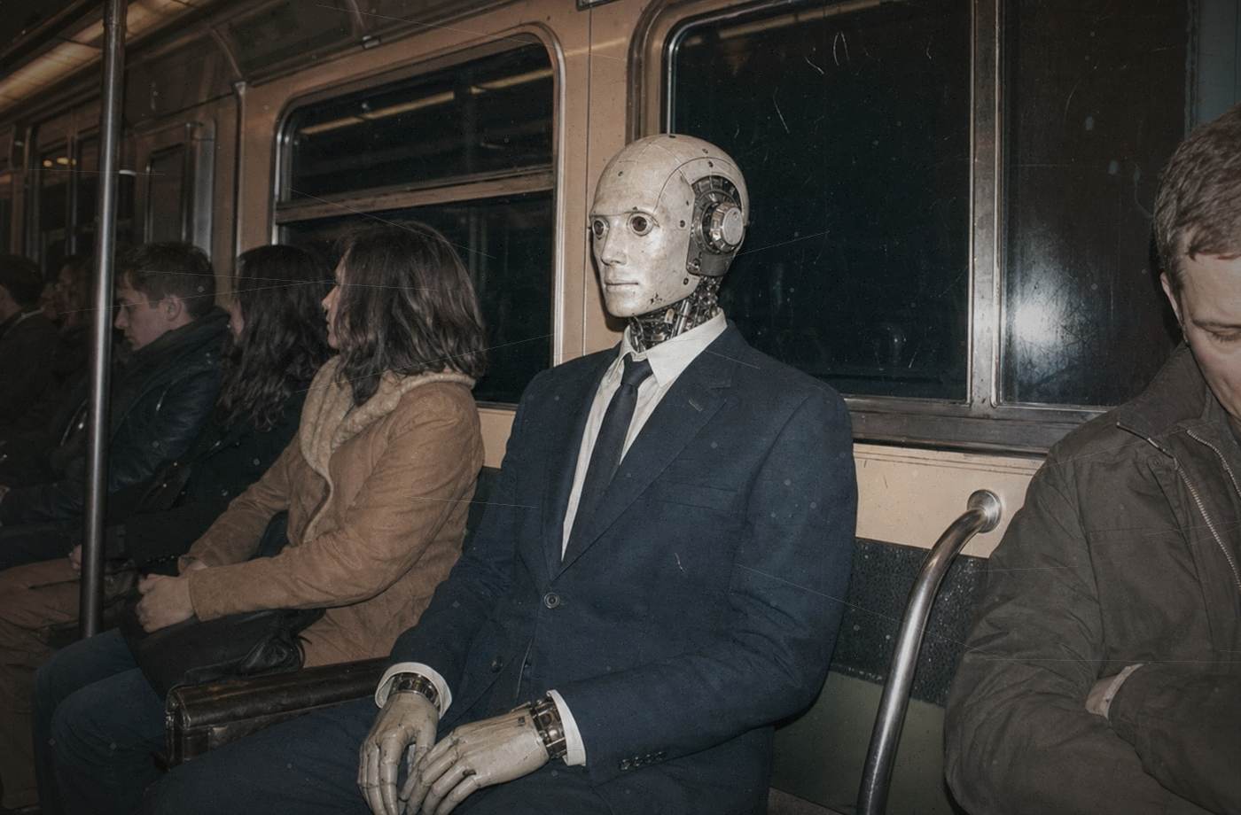 Distressed evidence photo of an automaton in a suit on the subway.